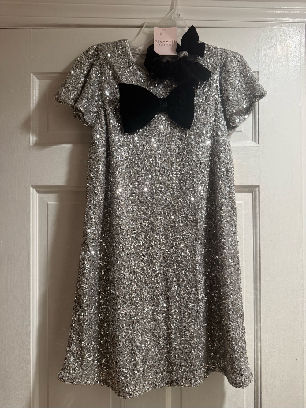 Biscotti Silver Sequin Dress with Black Velvet Bows